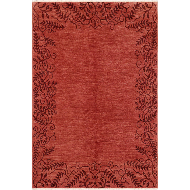 Tapis rouge floral en laine noué à la main 5 pi 9 po x 8 pi 2 po Floral