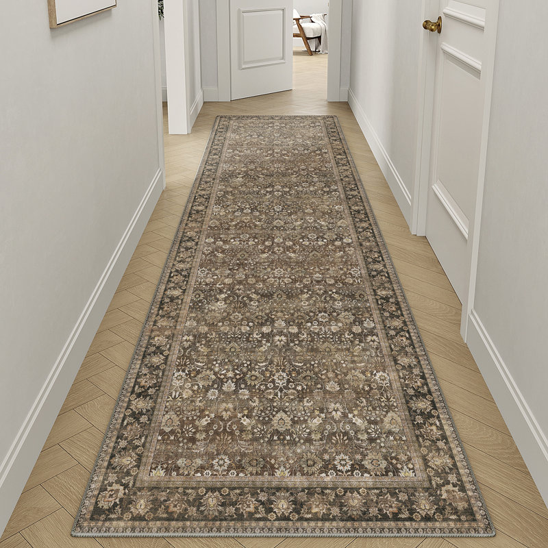Kitty Machine Washable Oriental Area Rug with Non-Slip Backing, Runner 2' x 8', Brown