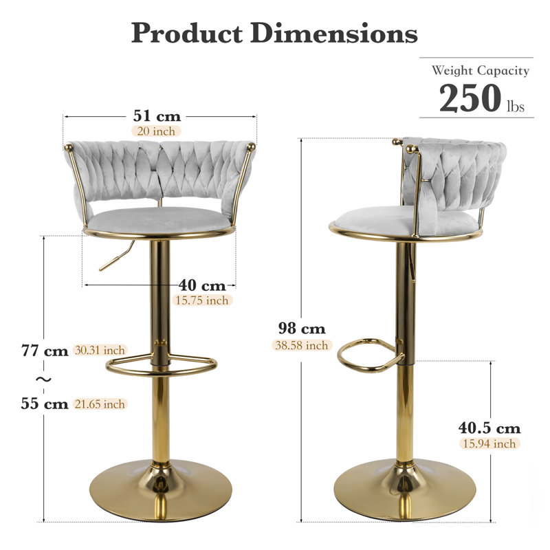 Upholstered Adjustable Height Counter Stool with Metal Frame, Grey