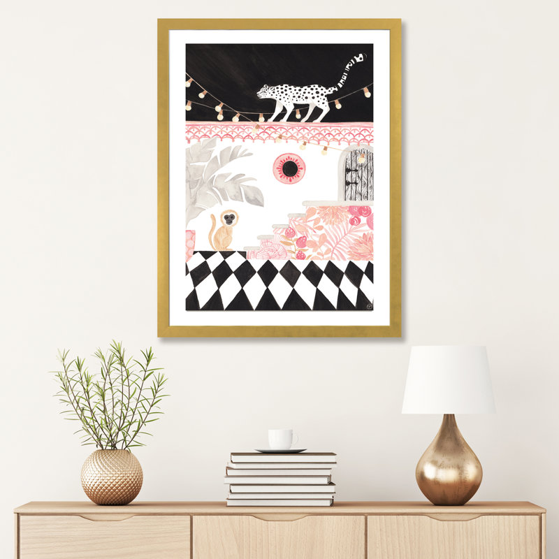 Art sur papier leopard et singe, H 32 po x l 24 po x P 1 po, Papier encadré doré