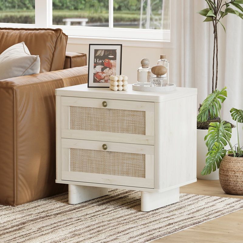 Wide 23.6" Rattan Nightstand Set of 2, Bedside Tables with 2 Drawers & Large Tabletop, White