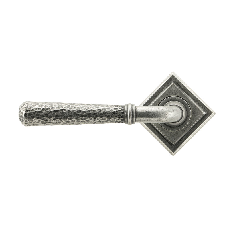 Hammered Newbury Lever on Rose Set (Square), Pewter Patina