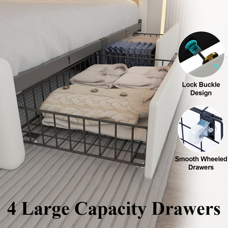 Upholstered Bed Frame with 4 Large Drawers,RGB LED Lights, Adjustable Headboard, Easy to Assemble, White, Queen