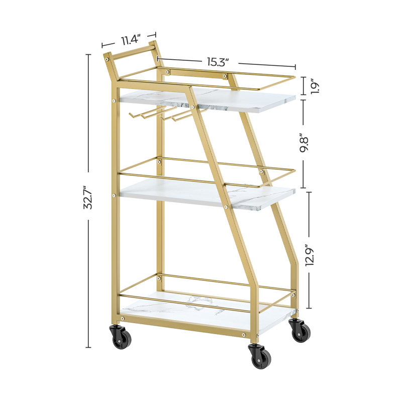 Petit chariot de service à roulettes avec support en verre, Marbre blanc, Doré