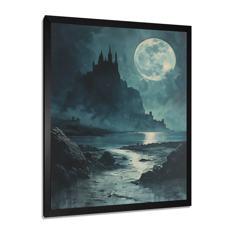 Art mural noir et bleu, château de vampire au clair de lune II, H 32 po x l 16 po x P 1 po, Toile encadrée noire simple