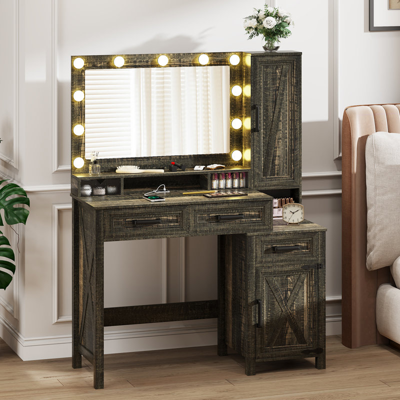 Modern Makeup Vanity Desk With 3-color Led Mirror And Motion Sensor, Brown
