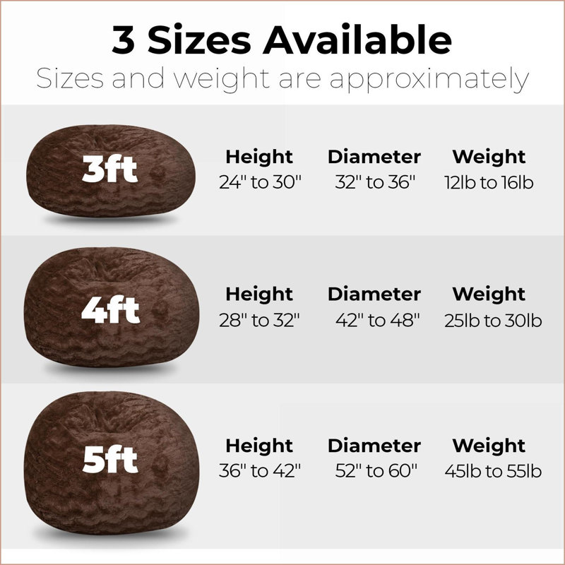 3ft Faux Fur Bean Bag Chair for Adults &amp; Kids – Easy-Clean Lounger | Brown | 34” Seat Depth, Brown Velvet