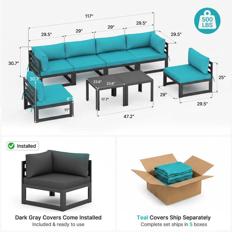 Gilemette 8-Piece Modern Aluminum Outdoor Sectional Seating Group with Cushions & Coffee Table, Rust-Resistant Patio Conversation Set