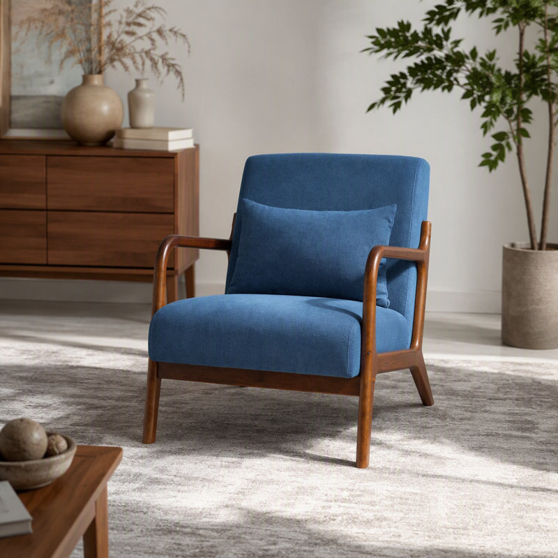 Mid Century Modern Accent Chair With Wood Frame, Upholstered Living Room Chairs With Waist Cushion, Reading Armchair For Bedroom Sunroom