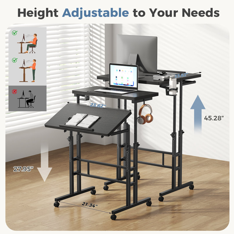 Mobile Sit-Stand Laptop Table, Height-Adjustable Laptop Desk with Tiltable Tabletop, Rolling Stand Up Computer Desk with Hanging Hook & Lockable Casters for Home Office