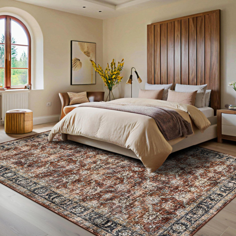 Vintage Area Rugs Floral Print Floor Carpet with Non-Slip Backing Oriental Distressed Indoor Mat Stain-Resistant Low Pile Accent Rug for Bedroom Kitchen Laundry