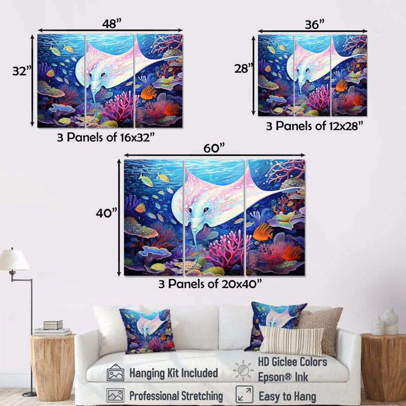 Ensemble de salon mural art mural Manta Rays Drifters, H 32 po x l 48 po