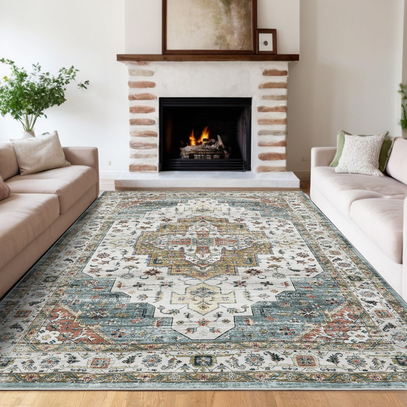 Oriental Machine Washable Area Rug for Living Room Non-Slip Vintage Carpet with Rubber Backing for Bedroom Hallway Dining Room Kitchen Office Farmhouse