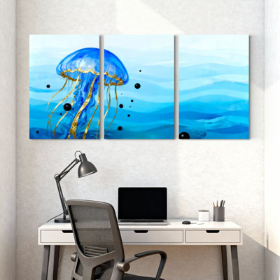 Ensemble de 3 impressions sur toile, méduse bleue avec tentacules et bulles dorées