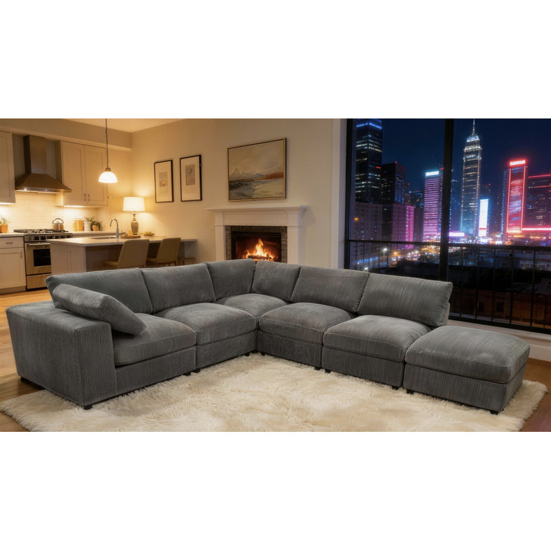 Canapé modulaire de coin avec repose-pieds 108,5 po Arregui, Velours côtelé gris foncé
