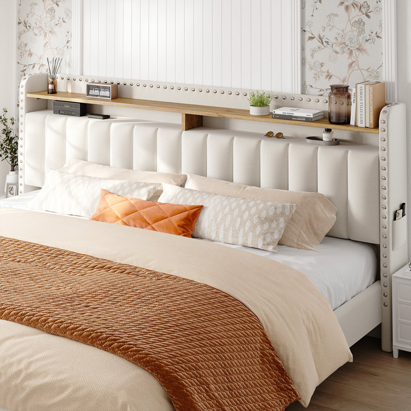 Francille Upholstered Bed Frame with Headboard，Storage Bed with 2 Drawers, King, Beige