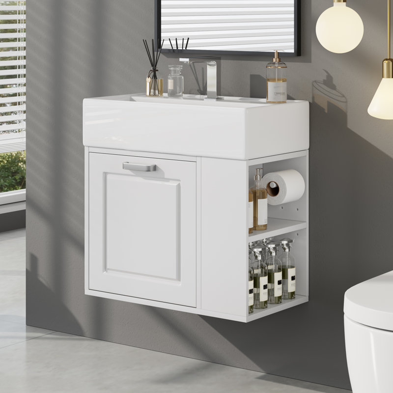 Meuble-lavabo mural de 21,8 po avec lavabo, armoire flottante murale, grand tiroir, tablette réglable, porte-papier hygiénique, système de fermeture en douceur, blanc