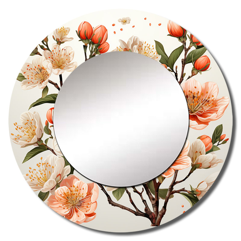 Decorah Peach Blossom Bliss IV - grand miroir mural floral, miroir rond traditionnel unique, impression d'art en métal