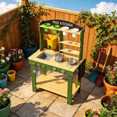 Kids Wooden Mud Kitchen Outdoor, Play Kitchen With Water Tank, Sink & Faucet, Toy Cookware Set, Plant Pots & Food Molds, Backyard Sensory Playset For Toddlers & Kids