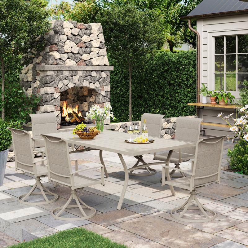 6-Person Outdoor Rectangular Patio Dining Set With Swivel Chair, Cream/Beige