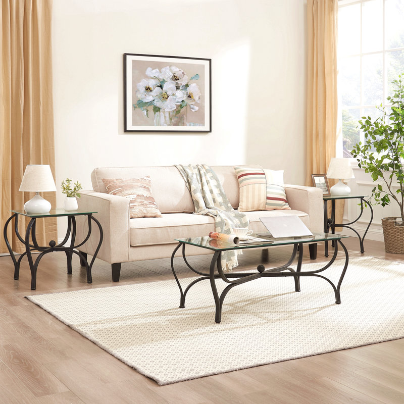 Ensemble de 3 tables basses décoratives en verre trempé avec 2 tables de bout carrées et une conception robuste et robuste pour le salon (noir rustique)