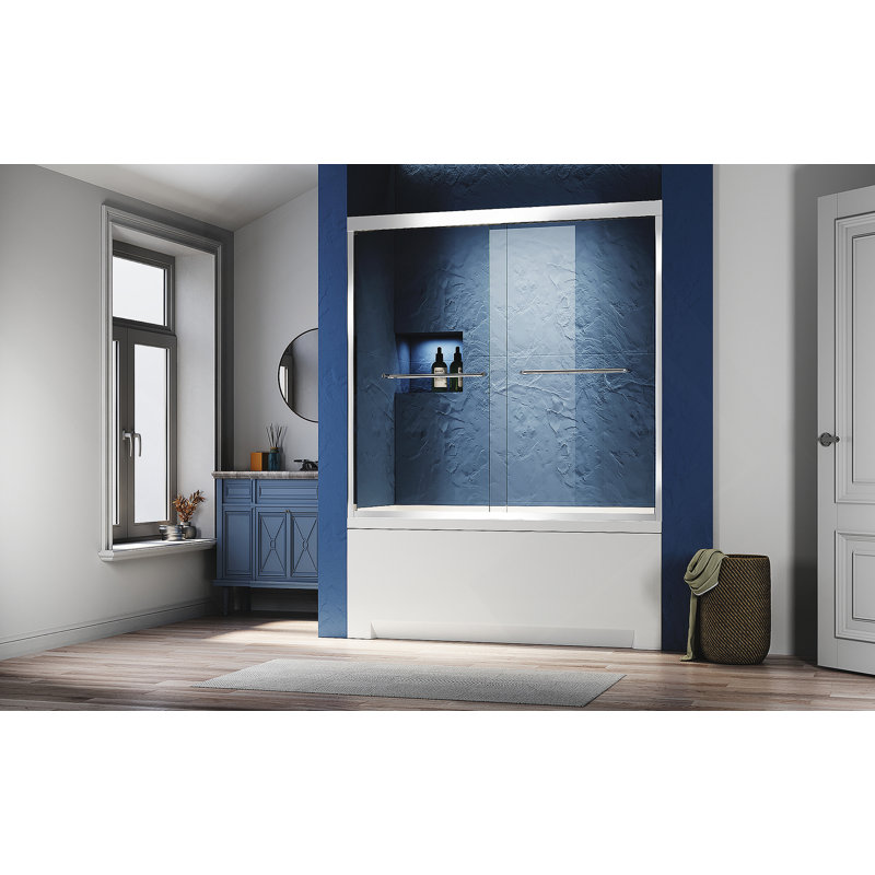Chrome 56-60 In. W X 62 In.H Sliding Glass Tub Door Semi Frameless Double Bathtub Door, Certified Thick Clear Clear Tempered Glass, 304 Stainless Steel Handles.