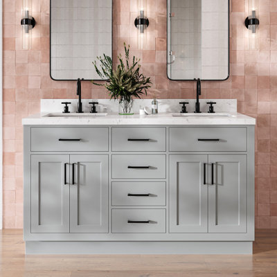 Meuble-lavabo double en bois massif Thornaby avec plateau en quartz Carrara de 1,5 po