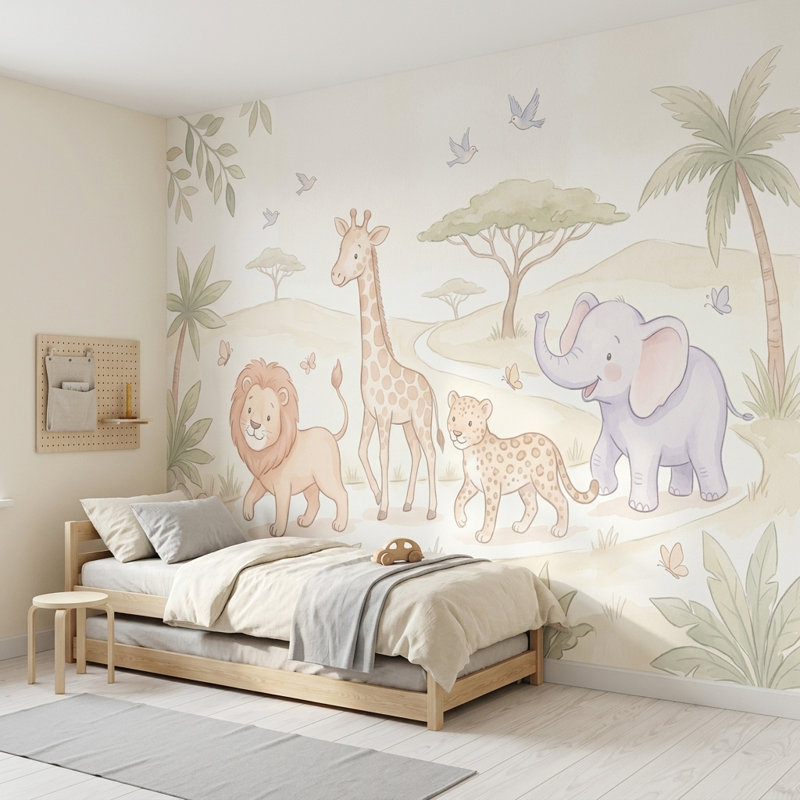 White Background Wallpaper Nursery Safari Wall Mural, 100"x96", Peel and Stick