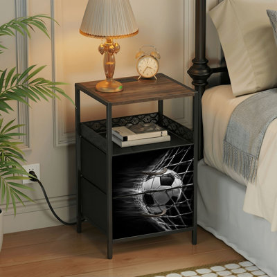 Table de chevet avec station de charge, table de chevet à 2 tiroirs avec ports USB et prises électriques, tablette ouverte, table de chevet noire pour chambre ou salon, imprimé flou de mouvement de filet de but de football noir et blanc