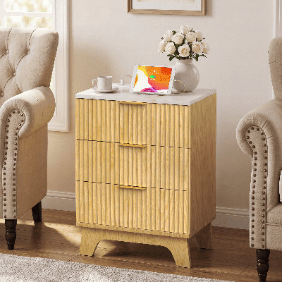 23” Nightstand with Charging Station,Modern Bedside Table with 3 Drawers,Wood End Table Small Dresser for Bedroom Living Room,Oak Color Night Stand