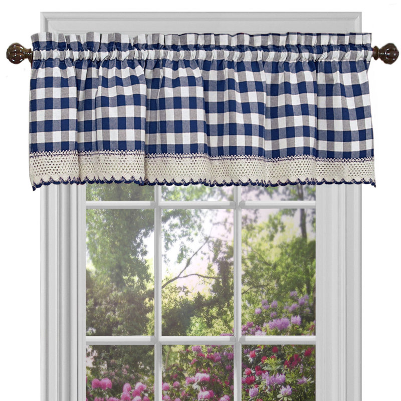 Haylee Cotton Blend Plaid Tailored Window Valance, Navy