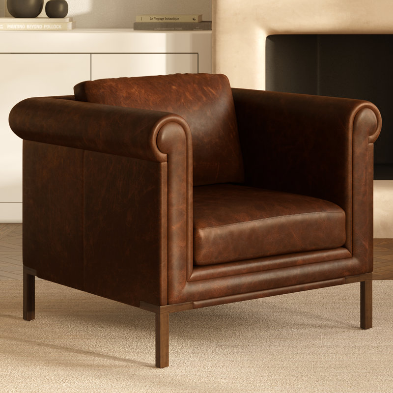 Bruges Full-Grain Italian Leather Lounge Chair in Chocolate Brown, Chocolate Brown Genuine Leather