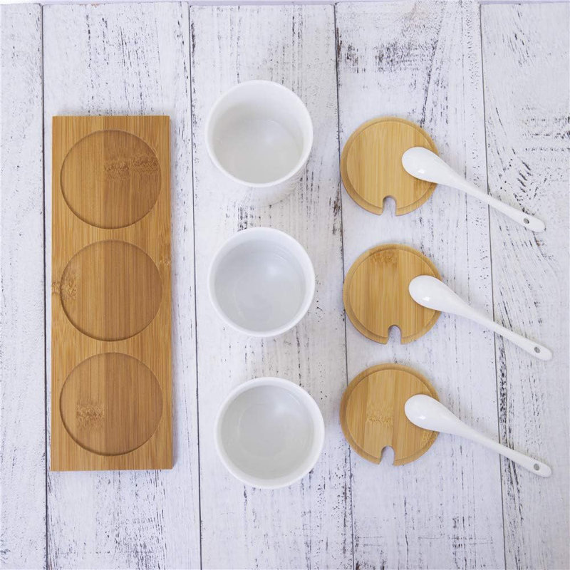 Ceramic Sugar Bowls With Bamboo Lids And Spoons- -Functional Round Condiment Jar For Home- Spice Storage Canister,10.8 Oz 320 ML,3 Pcs Set