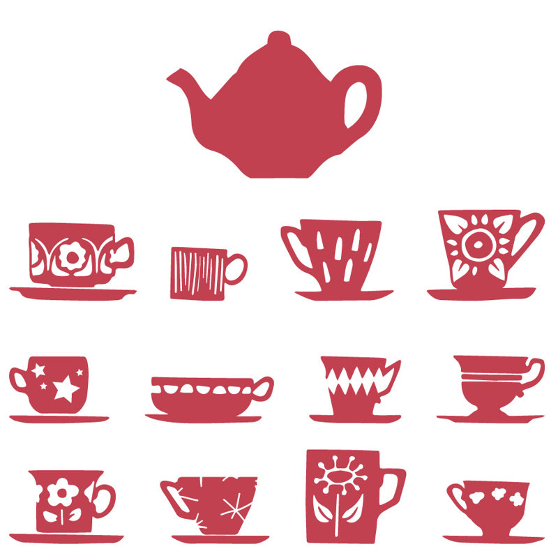 Décalcomanie murale tasses de thé, H 23 po x l 24 po x P 0,01 po, Rouge Dahlia