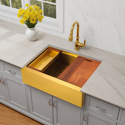 33" L x 22" W Workstation Farmhouse Apron Front Kitchen Sink Undermount 16 Gauge Stainless Steel Single Bowl With Accessories
