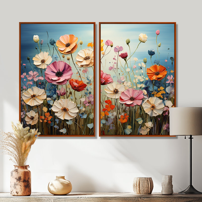 Fleurs abstraites dansantes - pétales dansants - art mural traditionnel 2 panneaux, 36" H x 48" W, Brown