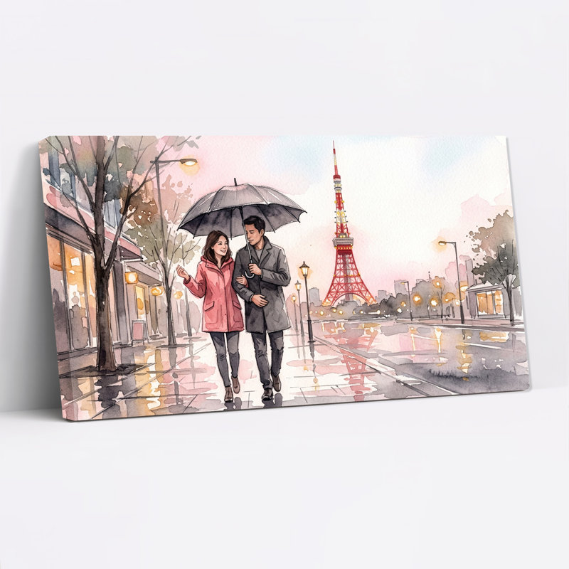 Couple d'aquarelle marchant près de la tour de Tokyo, tableau sur toile, 32"W x 16"H