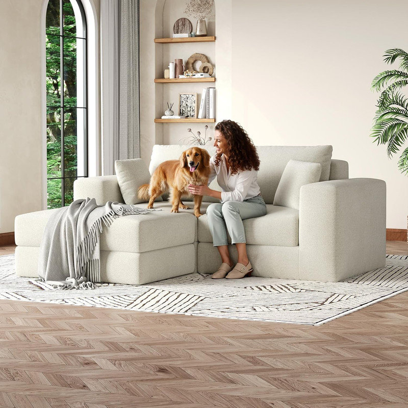 Canapé-lit modulaire de 80 po avec méridienne réversible pour petits espaces sans assemblage, Beige