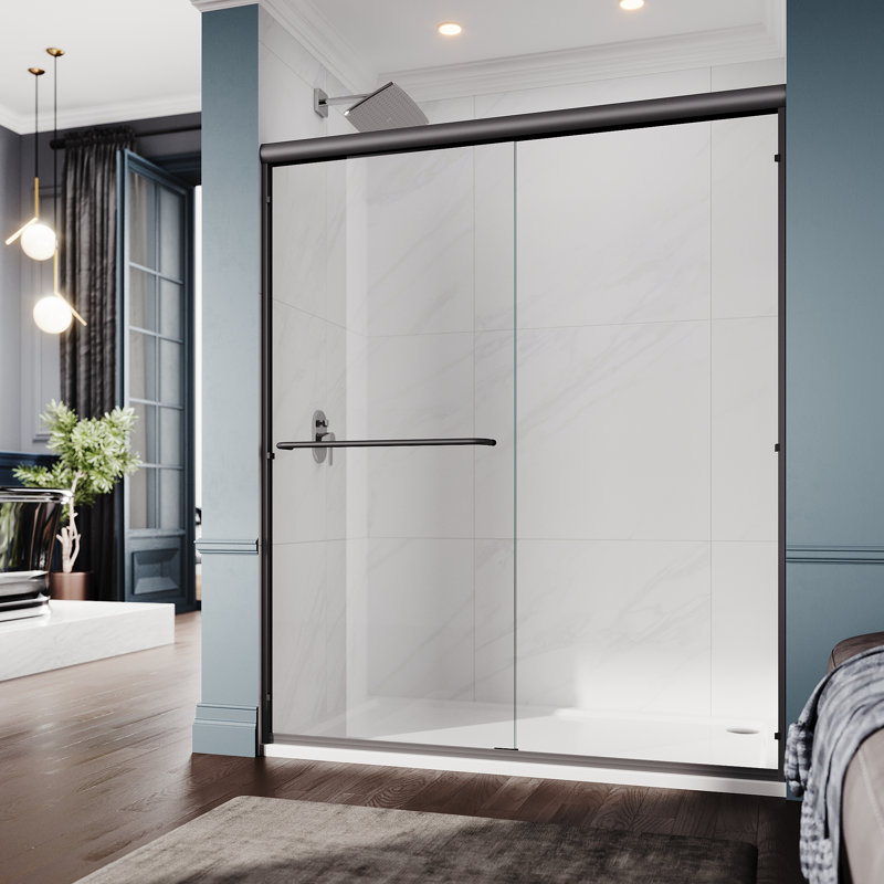  Porte de douche réversible double coulissante avec verre trempé transparent de 6 mm de largeur, l 60 po x H 72 po, Clair
