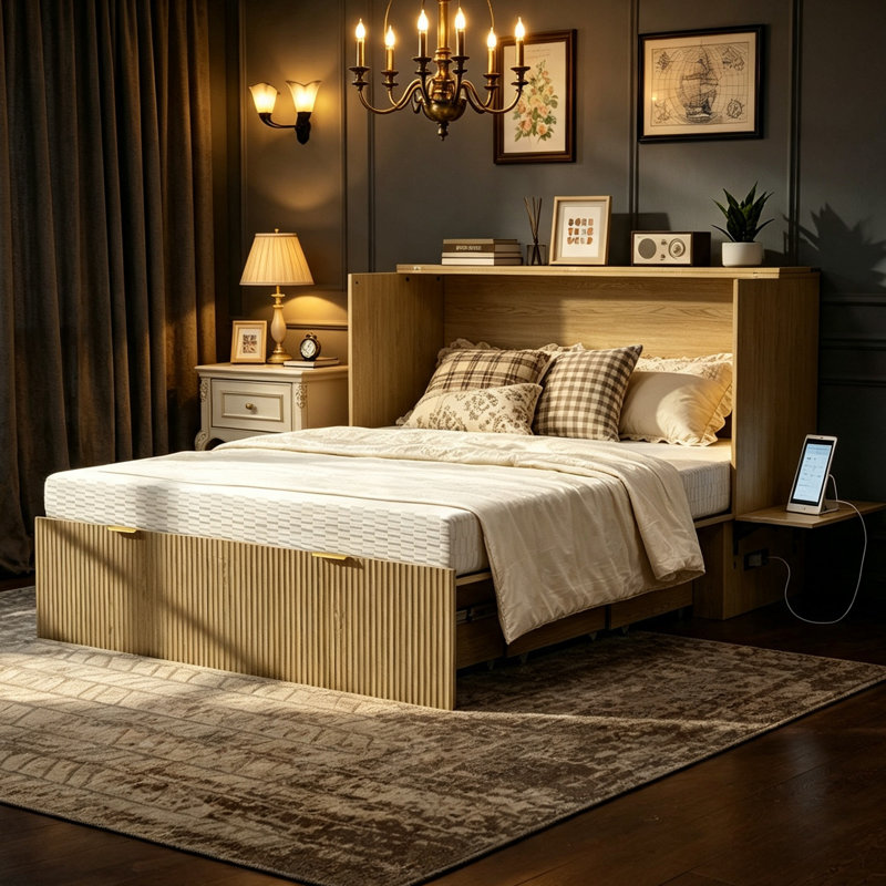  Grand lit escamotable blanc Farmhouse avec tiroir de rangement et port de chargement USB, lit mural peu encombrant