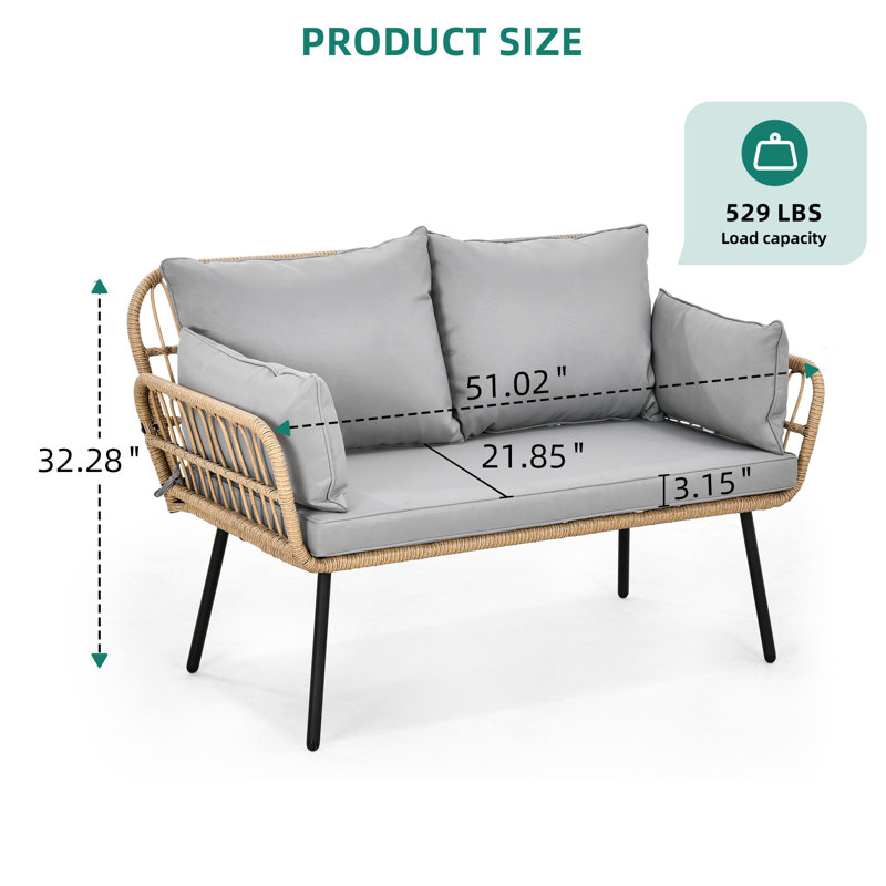 Arieanna 51.02'' Wide Loveseat with Cushions, Brown Frame/Silver Gray Cushion