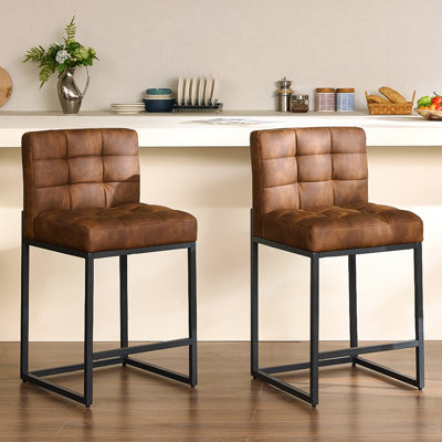 Modern Counter Height Bar Stools Set of 2,25 inch Checkered Wiring Thick Upholstered Barstools with Back Sturdy Metal Legs, Coffee Faux Leather Counter Stools for Kitchen Island (Set of 2)