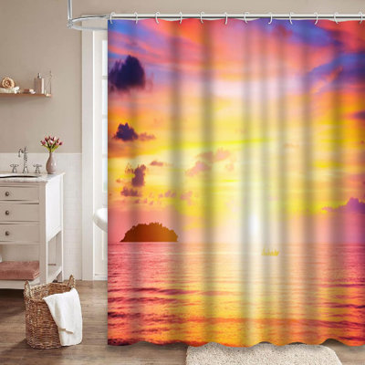 Sea Sunset Ocean Beach Blue Boat Shower Curtain with 12 Hooks