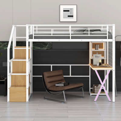 Loft Bed Twin Size With Desk And Bookshelves, Metal Loft Bed Frame With Wardrobe, Storage Staircase And LED Lighted, Built-In Work Station, No Box Spring Needed, Space Saving For Bedroom
