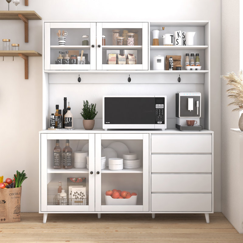 Grande armoire huche de cuisine l 63 po, armoire de rangement autoportante avec 4 portes, 4 tiroirs et tablette à micro-ondes, blanc