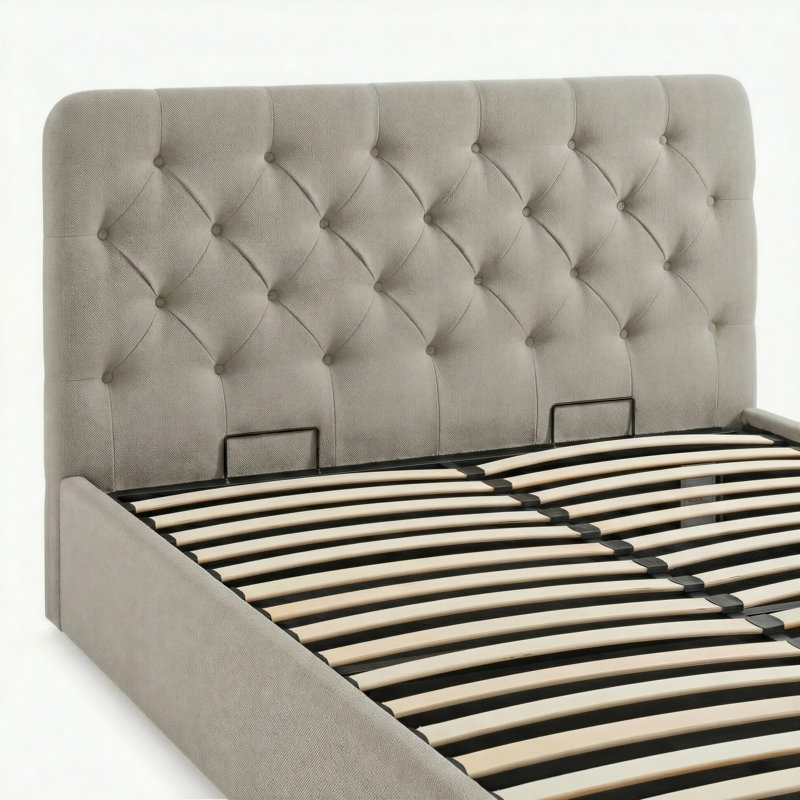 Haiden Upholstered Ottoman Bed Frame - Deep Button Tufted Headboard Design  , Beige Fabric, Double
