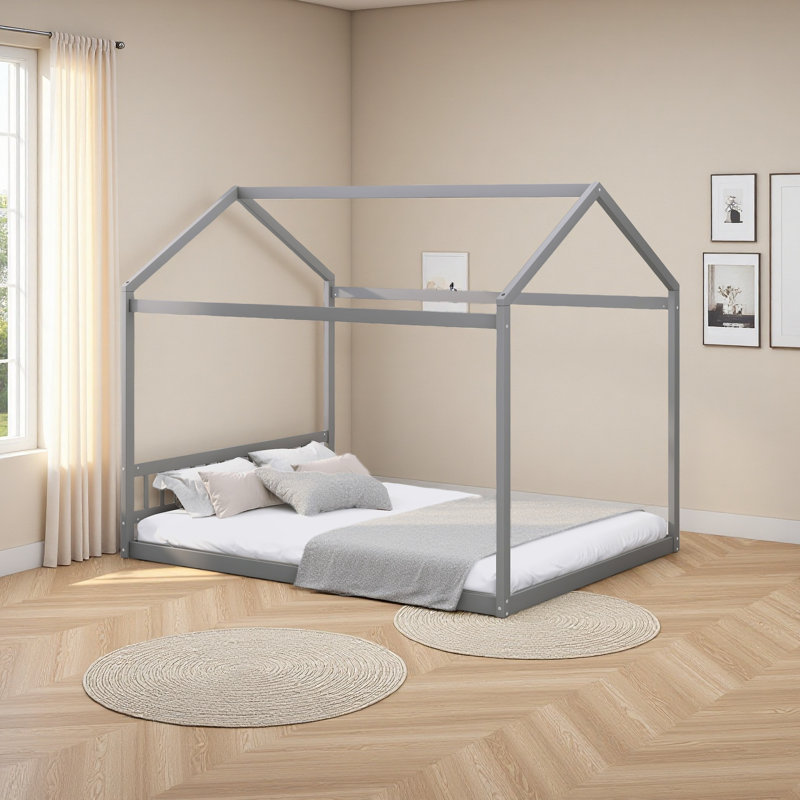 Grand lit en bois avec tête de lit, Gris