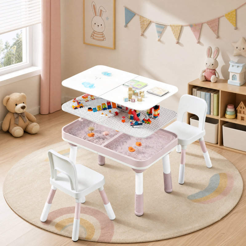 Ensemble de table pour enfants 5 en 1 et 2 chaises réglables en hauteur avec rangement, table d'activités pour tout-petits pour blocs de construction, dessin, lecture, repas, jeu de sable et d'eau
