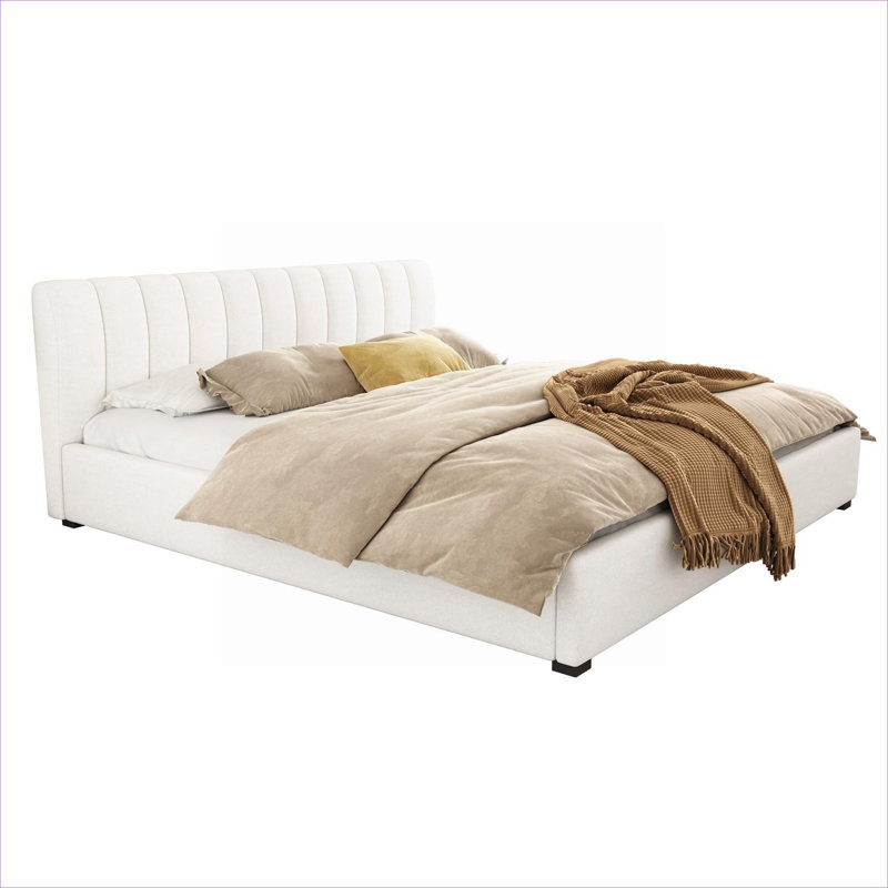 Structure de lit tapissier très grand pour chambre à coucher avec tête de lit rembourrée épaisse et pieds en bois massif, mélange de lin beige neutre