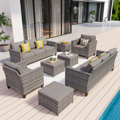 Allcot 8 - Person Wicker/Rattan Patio Furniture Set, Outdoor Sofa Set with Couch, Chairs, Ottomans, Throw Pillows and Comfy Cushions